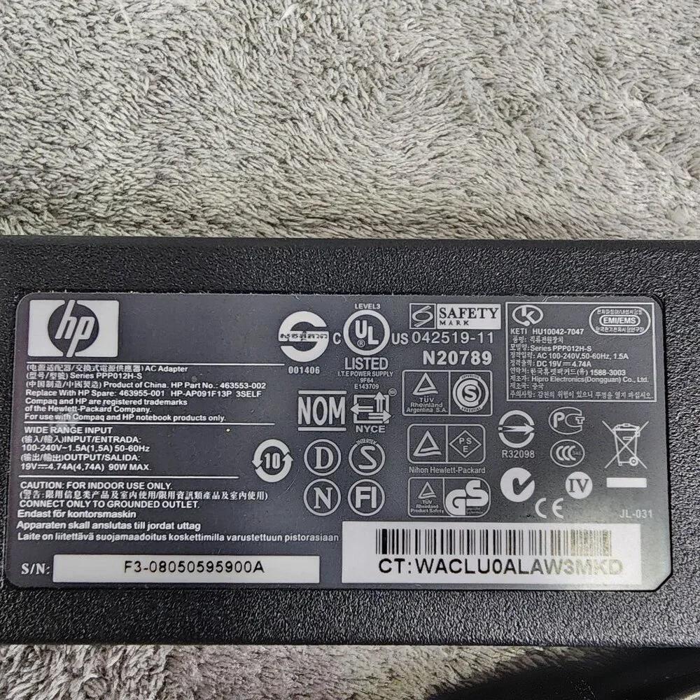 HP Laptop AC Adapter 90W 19V 4.74A Series PPP012H-S With Power Cord